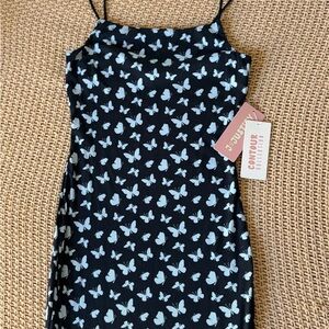 Justify Black Dress with Light Blue Butterfly Pattern